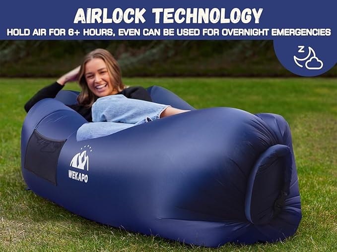 WEKAPO Inflatable Couch with Pump - Easiest Setup Crazy Comfy &amp Ultralight - Blow up Lounger Chair Perfect for Hiking Camping Beach Festivals - Lightweight Air Sofa for Relaxing Anywhere (Navy