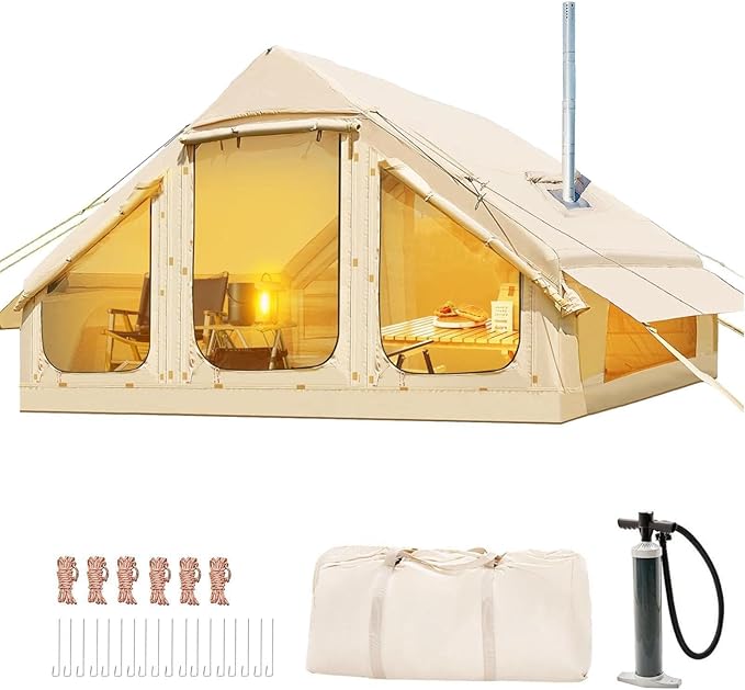 Capacity for 4-6 People Outdoor Inflatable Camping Deluxe Tent 6.3 Flat Inflatable House Oxford Cloth Tent Double Door Air Pump with Window Travel Sun Protection Waterproof Windproof Camping Tent