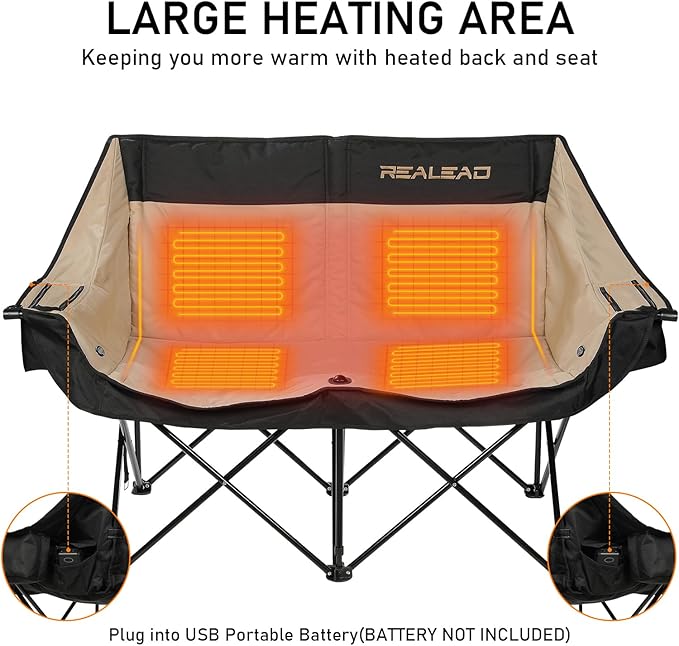 REALEAD Heated Double Camping Chair - Heated Loveseat Camping Chairs for Adults with 3 Heat Levels and 4 Heating Zones - Oversized Heated Chairs Outdoor Sports Supports 650 lbs Battery NOT Included