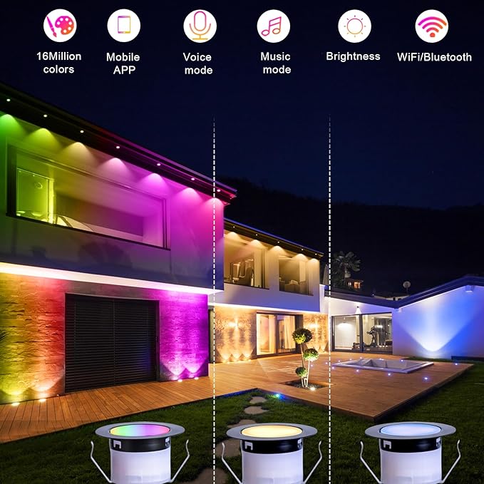 FVTLED Recessed LED Deck Lights Kit Φ1.77 Low Voltage WiFi Pixel RGBW+IC Deck Lighting Work with Alexa/Google Home IP67 Waterproof Outdoor Step Lights DC12V for GardenStepsStair(50 Pack Black)