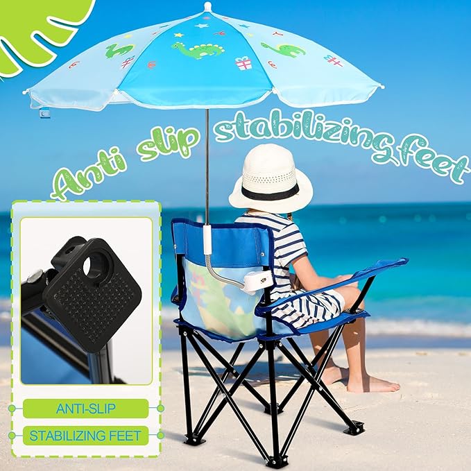 Outdoor Toddler Camping Chair with Umbrella Foldable Beach Chairs with Safety Lock for Kids Waterproof Lawn Kids Folding Chair for Outside Beach Travel(Dinosaur)