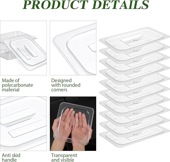 10 Pcs Polycarbonate Food Pan Lids with Handle 1/3 Size Clear Food Pan Lids Stackable Acrylic Hotel Lid Cover for Restaurant Foods Container and Storage