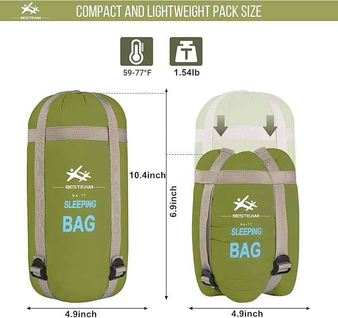 Warm Weather Sleeping Bag - Portable Waterproof Compact Lightweight Packable for Kids Teens Adults Camping Backpacking Hiking Spring Summer Fall