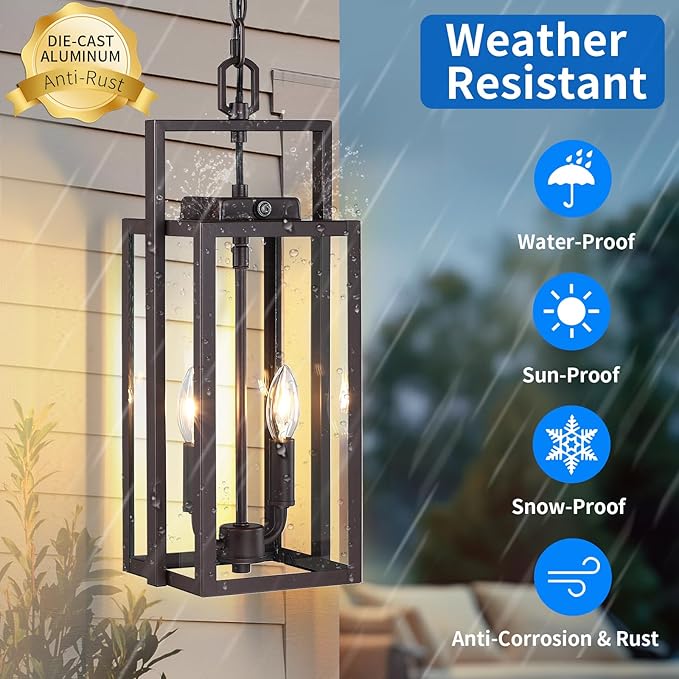 17.8'' Large Dusk to Dawn Outdoor Pendant Light 2-Light Modern Brown Metal Outside Chandelier Exterior Hanging Fixture Ceiling Mount with Clear Glass for Front Porch Entrance Entryway 1 Pack