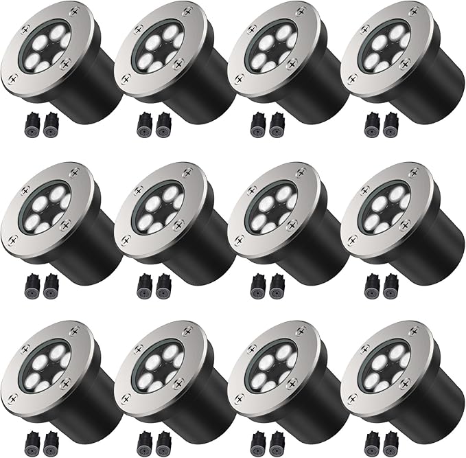 JESLED Low Voltage Landscape Lights 6W LED Well Lights IP67 Waterproof 6000K Bright White In-Ground Lights with Wire Connectors for Pathway Deck Patio Yard Garden (12 Pack)