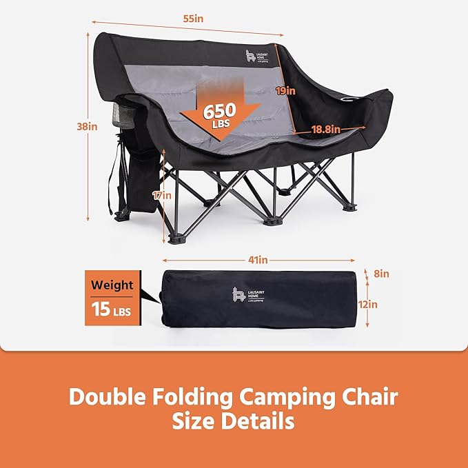 LAUSAINT HOME Double Camping Chair Oversized Camping Loveseat with Cup Holder Heavy Duty Portable Camping Couch Outdoor Double Folding Chair for Patio Lawn and Garden Black