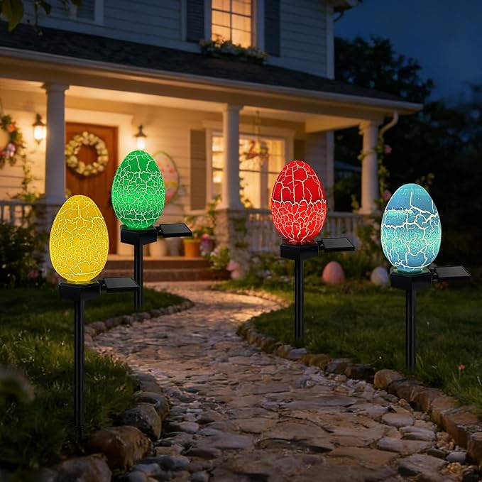 4 Pack Solar Easter Egg Lights Outdoor Waterproof Solar Easter Yard Decorations Outdoor Easters Yard Stakes Lights for Outside Lawn Walkway Patio Cemetery Grave (Red/Yellow/Green/Blue)