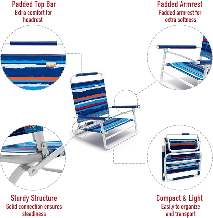 SunnyFeel Low Folding Beach Chair for Adults Lightweight Beach Chair Portable Camping Sand Chairs with Hard Armrest Supports 300lbs for Beach Lawn Concert