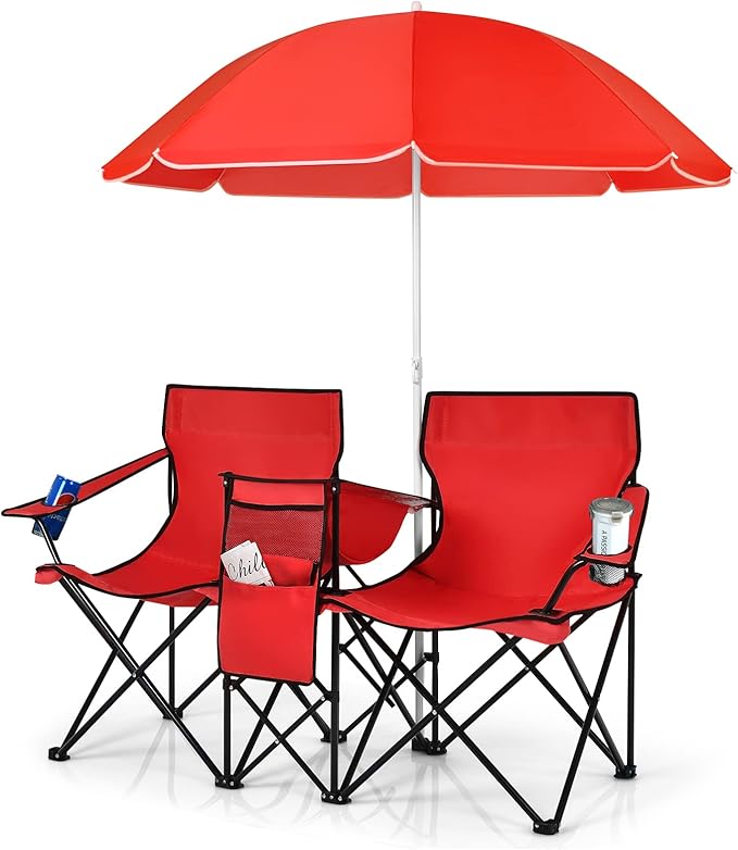 COSTWAY Double Portable Picnic Chairs Folding Camping Chairs w/Detachable Umbrella Cooler Bag Cup Holders Patio Beach Camping Chairs for Outdoors