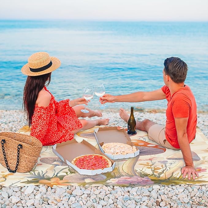 Waterproof Sandproof Beach Blanket 59''×68'' Mushrooms Decoration Polyester Outdoor Picnic Blanket with 4 Stakes &amp Storage Bag for BeachCampingVacation Beige
