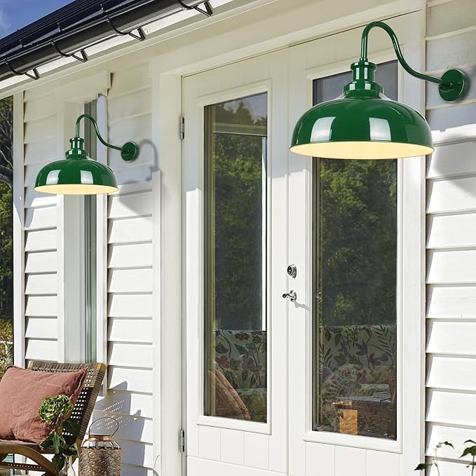 Outdoor Barn Light 14 Inch Dome Rustic Outdoor Wall Sconce Farmhouse Exterior Wall Mount Lighting Fixture Industrial Green Wall Lantern for Porch Entryway Garage RZ007M GR+WH