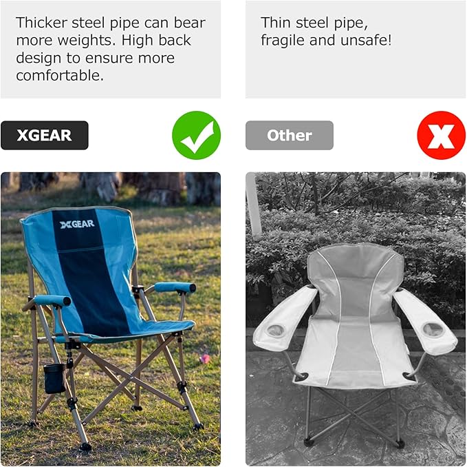XGEAR Camping Chair with Padded Hard Armrest Sturdy Folding Camp Chair with Cup Holder Storage Pockets Carry Bag Included Support to 400 lbs