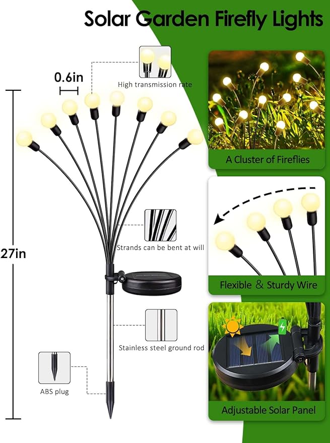 2026 Upgraded Solar Lights Outdoor 6 Pack Solar Garden Lights with 2 Modes Firefly Lights Outdoor Waterproof Sway by Wind Twinkle Firefly Light for Yard Patio Path Garden Decoration (Warm White)