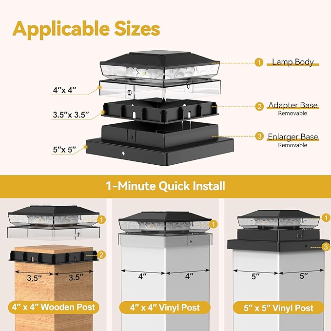 Solar Post Cap Lights 6 Pack Upgraded Outdoor Deck Fence Post Solar Lights for 4x4 5x5 Wood/Vinyl Posts IP65 Waterproof 10-12 Hours Warm White Glow for Garden/Patio/Porch - Black