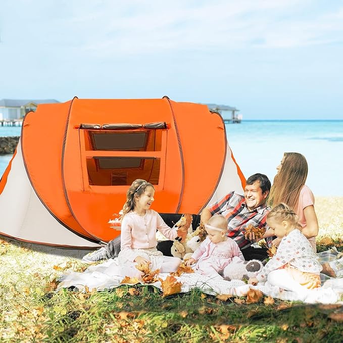 J.M.Deco 4 Person PopTent up with 2 Windows Pop Up Tents for Camping Backyard Sunny Beach Instant Tent for Family Hiking Tents for Backpacking 4 Person Easy Setup Tent Orange