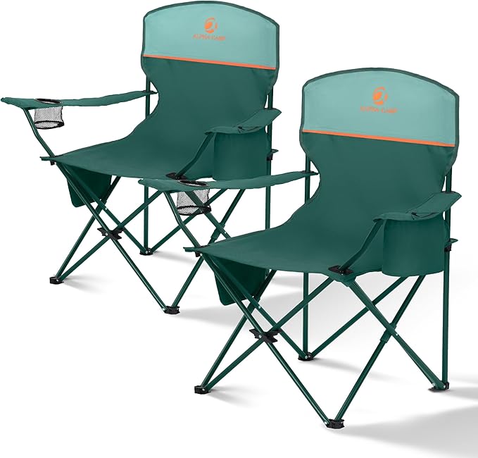 ALPHA CAMP Folding Camping Chairs for Adults Lawn Chairs Outdoor Chairs Support 250 LBS Portable Camp Chairs with Cup Holders Cooler Pouch for Outdoor 2 Pack