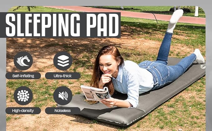 Throntrax Camping Sleeping Pad - Ultralight Camping Mat with Pillow Built-in - 3.1 Thick | Self-Inflating &amp Suitable for All Seasons - Compact Sleeping Pad for Camping - Grey