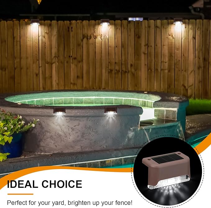 Geelin 32 Pcs Solar Deck Lights Outdoor Waterproof LED Solar Step Fence Lights for Stairs Step Railing Patio Driveway Garden Pathway and Yard(Brown Shell Cool White Light)