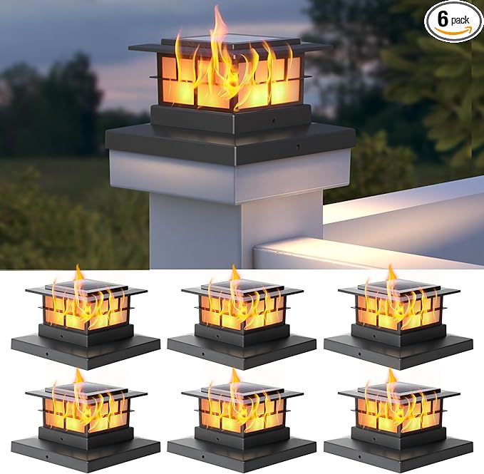 LUTEC 6 Pack Solar Post Cap Lights IP65 Waterproof Solar Flame Fence Post Lights for 4x4 5x5 6x6 Wooden/Vinyl Posts Flickering Flame Warm White 3000K LED Lighting Decor for Yard Patio Deck Black