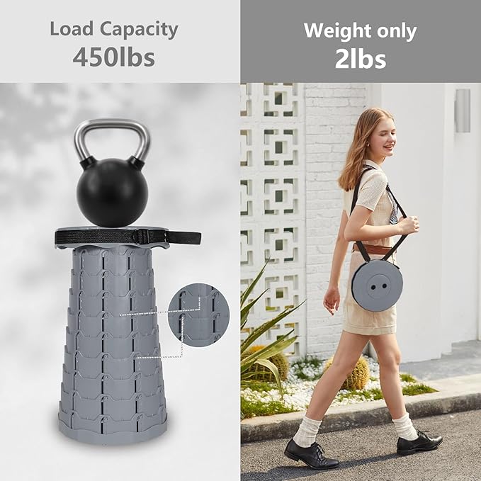 Upgraded Collapsible Stool 450LBS - Adjustable Height (2.5-18) Portable Telescoping Seat for Camping Hiking Indoor Office (Light Gray)