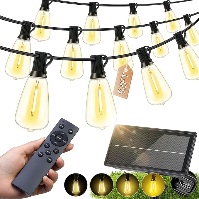 Solar Lights Outdoor Waterproof: ST38 82FT 25M Shatterproof Bulbs Patio Lights - Solar Powered &amp USB Charging- Remote Control 3 Light Modes Dimmable Solar Light - Camping Backyard Garden