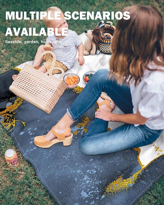 Beach Blanket Waterproof Sandproof Oversized Blue Marble Gold Foil Beach Mat with Corner Stakes Sand Pockets Grey Gradient Outdoor Picnic Mat for Travel Camping Hiking 83x79In