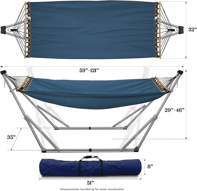 Tranquillo Ultimate Relaxation Portable Hammock Stand Foldable Hammock Stand with Canvas Hammock Spreader Bar Quick Fold Unfold in 30 Seconds Steel Frame Hammock 600 lbs Capacity White/Blue