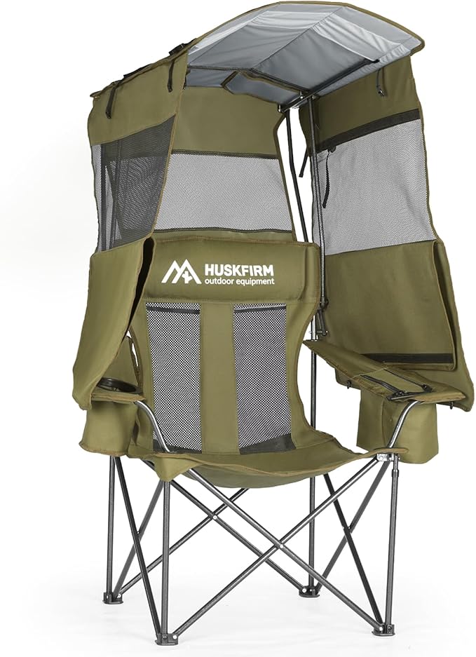 Camping Chair with Canopy Shade - Folding Beach Chair with UPF 50+ Sun Shade Cup Holder Side Pocket Portable Sports Chair for Adults Support 330 LBS Fishing Camp Outdoor Lawn Chair Green