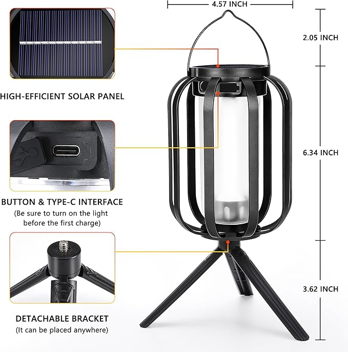 Toodour Solar &amp Battery Powered Lantern Outdoor Lights 2 Pack Black LED Lantern with 4 Modes Waterproof Rechargeable Hanging Solar Lights for Camping Patio Garden Yard Outdoor Decor