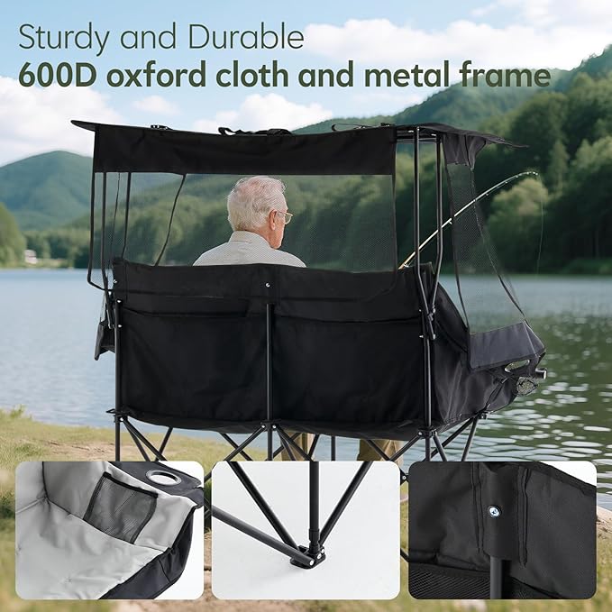 Outdoor Folding Chair with Umbrella Camping Chairs Loveseat Double Oversized Outdoor Chair with Cup Holder&ampCanopy Shade for BBQ Beach Fishing Easy Fold and Carry (Black+Grey)