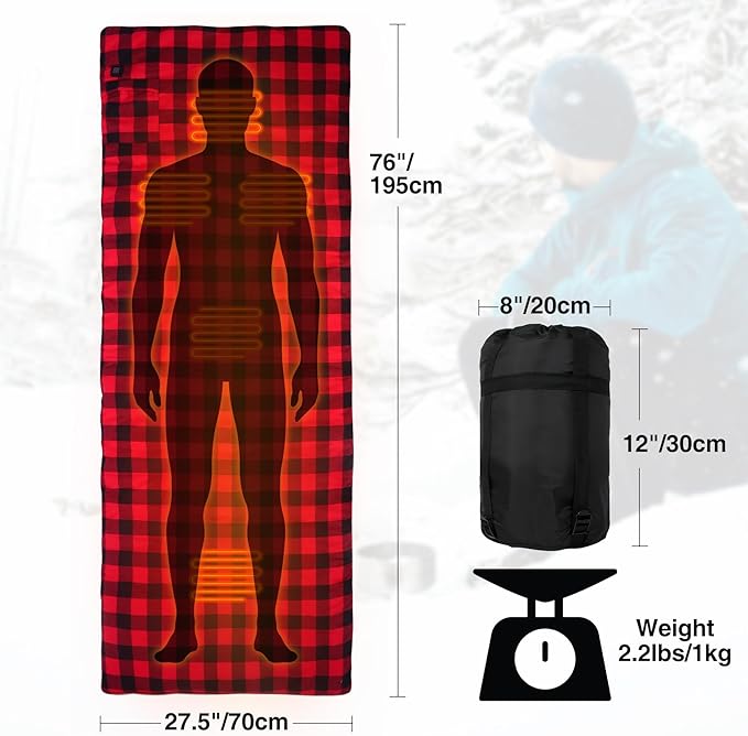 REDCAMP Heated Sleeping Bag Pad Heated Sleeping Bag Liner 5 Heating Zones 3 Adjustable Heat Settings USB Heating Pad for Cold Weather Camping Backpacking or Hiking Green/Red