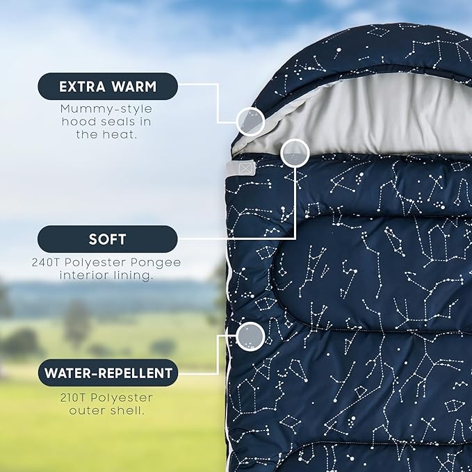 Wake In Cloud - Kids Sleeping Bag for Boys Toddlers Camping in Warm Cold Weather Backpacking Lightweight Compact Outdoor Liner for 3 Seasons Constellation Galaxy