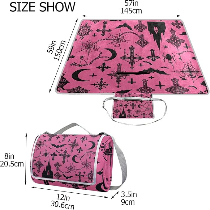 MNSRUU Picnic Blanket Waterproof Foldable Gothic Bat Moon Castle Large Outdoor Picnic Beach Camping Blanket Travel Mat Shoulder Strap Tote Rectangle 57x59in