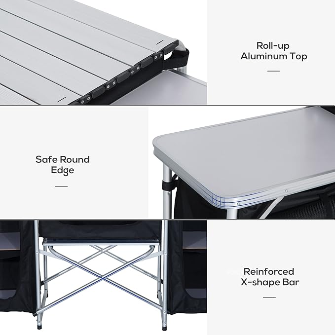 Aluminum Portable Camping Kitchen Fold Up Cooking Table with Windscreen and 3 Enclosed Cupboards for BBQ Party Picnics Backyards