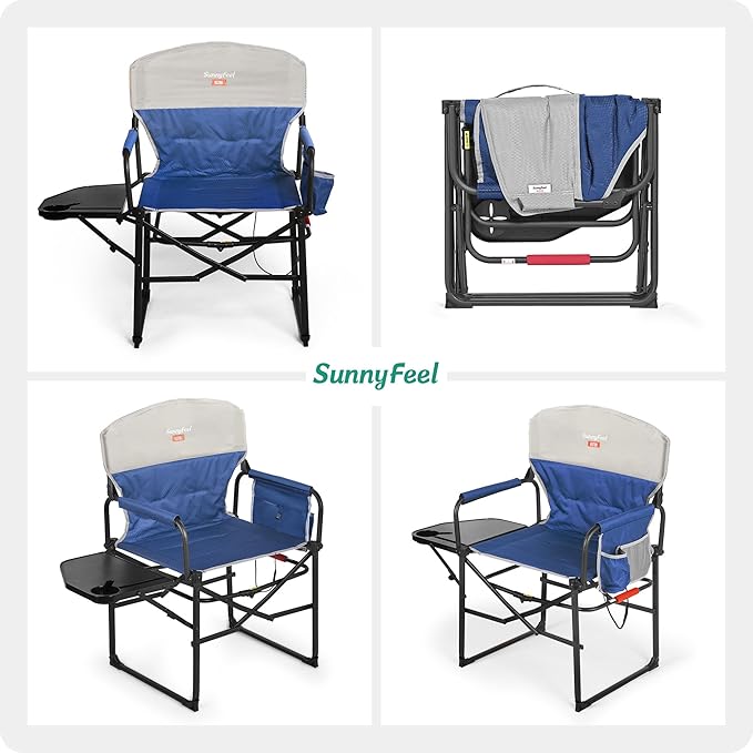 SUNNYFEEL Heated Camping Directors Chair Heavy DutyOversized Outdoor Portable Heating Folding Chair with Side Table Pocket for Beach FishingTripPicnicLawnConcert Foldable Camp Chairs
