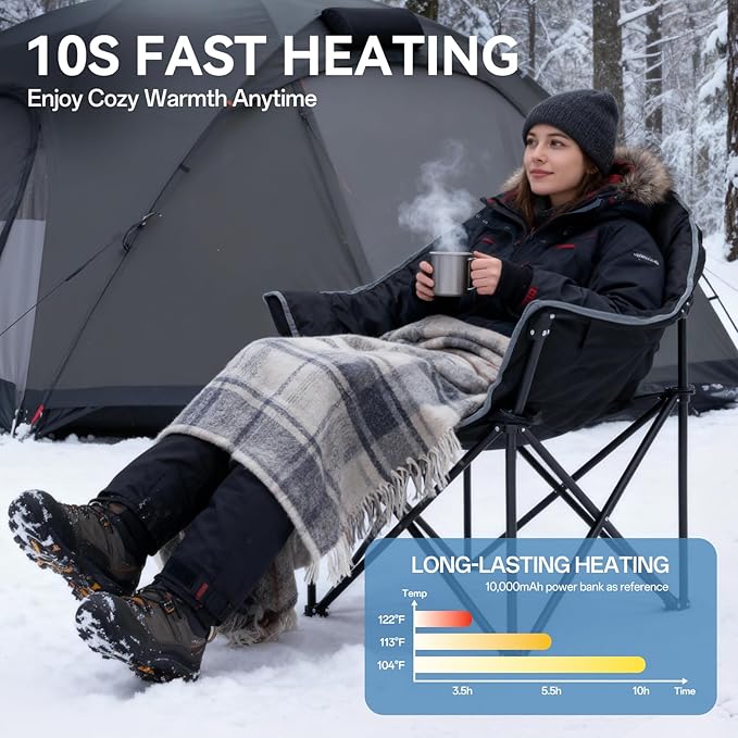 Oversized Heated Camping Chair Folding Heated Outdoor Chair with Back &amp Seat Heating Heavy Duty Support 400 lbs Portable Heated Camp Chair for PatioTailgating Picnic Battery NOT Included Bl