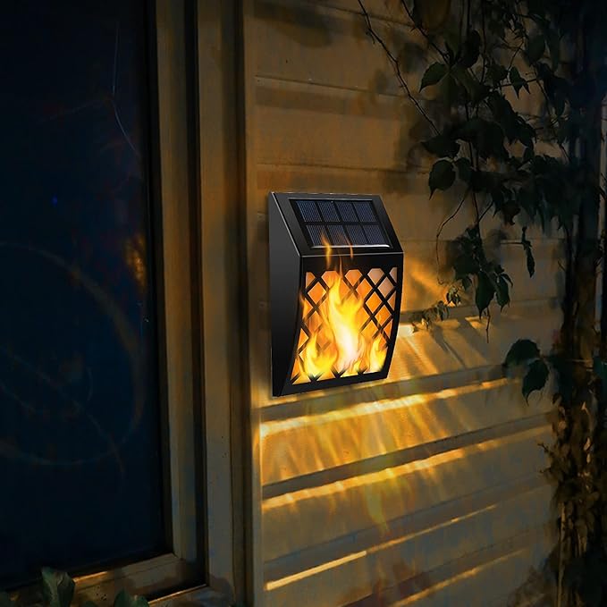 Dynaming Solar Flame Wall Lights Outdoor 8 Pack Solar Powered Wall Lights Flickering Flame Auto On/Off Wall Mounted Fence Deck Lights Lattice Decorative for Garage Garden Pathway Patio Porch Yard