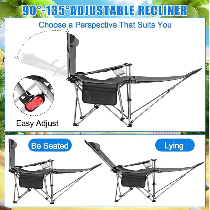 Karenhi 2 Set Beach Camping Chair with Umbrella for Adult Folding Reclining Camping Chair with Foot Rest Adjustable Clamp Canopy Shade for Outdoor Patio Travel Beach (Grey)