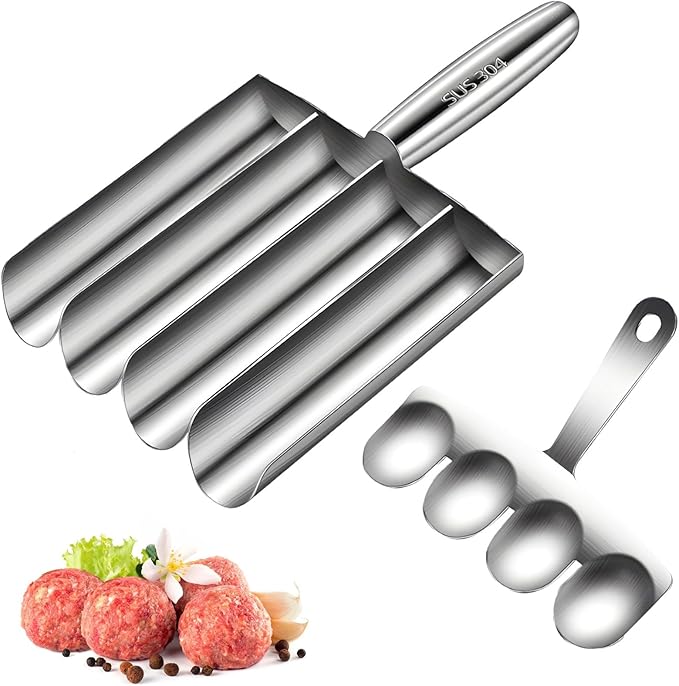 Meatball Maker with Scraper Quick Release Groove Design Food Scoop Set Kitchen Meat Baller Tool 4-in-1 Stainless Steel for Rice Balls Shrimp Paste Fish Balls 9.4-Inch Handle