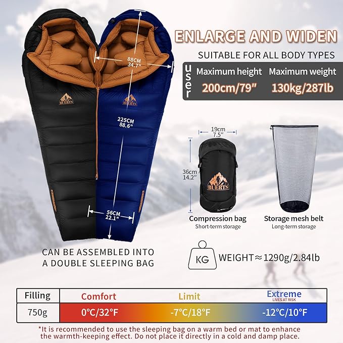 Down Backpacking Sleeping Bag 680FP. Cold Weather Sleeping Bag 0°F-32°F (Multiple Temperature Options) XL Large 4 Season Sleeping Bag for Adults Camping Hiking Mountaineering.