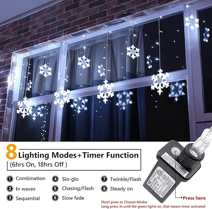 Christmas Snowflake Lights 10.66ft 168 LED Icicle Lights Outdoor with 14 Drops 8 Modes Waterproof Connectable Christmas Light for Eaves Wedding Garden Yard Indoor Outdoor Xmas Decorations (White)