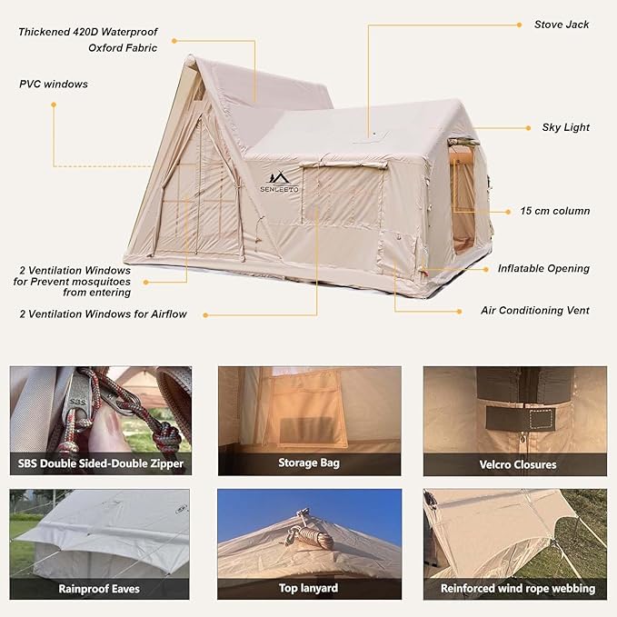 8/10/12 Person Large Inflatable Tents for Camping 4 Season Blow Up Tents with Canopy/Rainfly Luxury Inflatable Tent House with Stove Jack Easy Setup Inflatable Camping Tent.