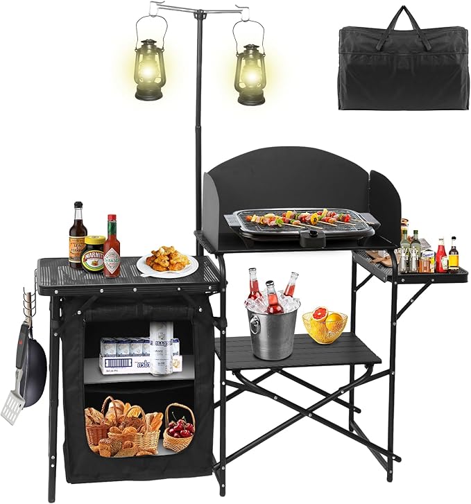 CDEN Camping Kitchen Station Camping Table Grill Table with Light Stand and Windshield Cooking Station outdoor