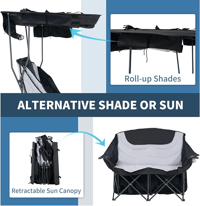 LILYPELLE Double Beach Chair with Canopy Shade Oversized Folding Camping Chair with Canopy Loveseat Camp Chair with Cup Holder Side Pocket for Camp Beach Lawn Fishing