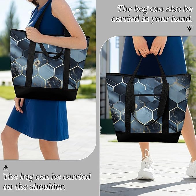 Insulated Shopping BagLarge Reusable Cooler Bags Blue Hexagons And Diamonds Printed Foldable Shopping BagTravel Waterproof Shoulder Bag