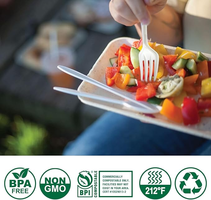 100% Compostable No Plastic Knives Forks Spoons Utensils The Heavyweight Heavy Duty Flatware is Eco Friendly Products for Lounge Party Wedding BBQ Picnic Camping.