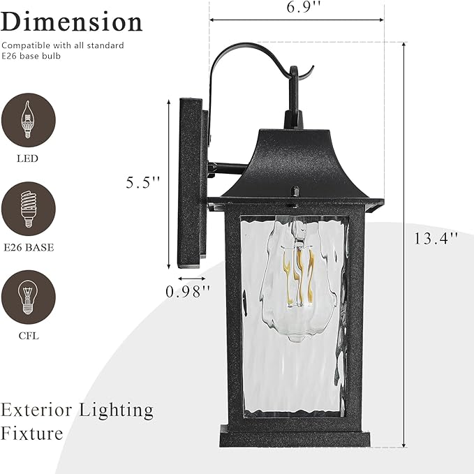Outdoor Wall Light 13 Sconce with Water Pattern Glass Waterproof &amp Rustproof Exterior Lighting Weatherproof Front Porch Lightsfor House Garage Doorway Patio (1 Pack Black)