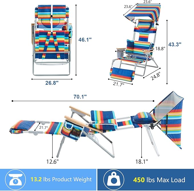 70'' Extra Long Beach Lounge Chair Tanning Chair with Canopy &amp Face Holes &amp Arm Holes &amp Storage Pocket Adjustable Foldable Recliner with Carry Strap (2 Rainbow)