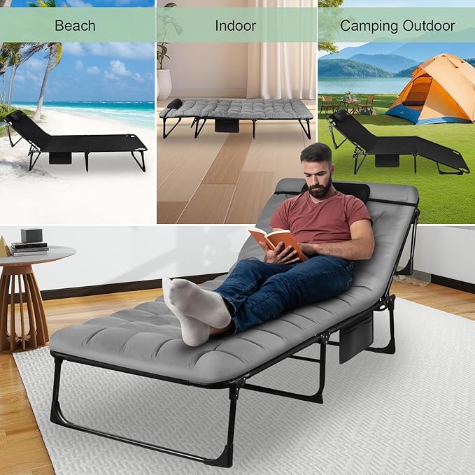Foldable Camping Cots for Adults Adjustable 4-Position Adults Reclining Folding Chaise Outdoor Portable Folding Lounge Chair Sleeping Cots Bed with Pillow Mattress Carrying Bag for Camping Pool