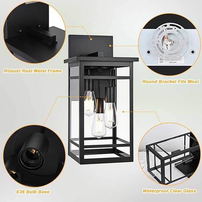 3 Lights Large Outdoor Wall Sconce LightsBlack Modern Outdoor Wall Light FixturesExterior Lighting Fixtures Waterproof Outside Front Porch Lantern for HousePatioGarage with E26 Base